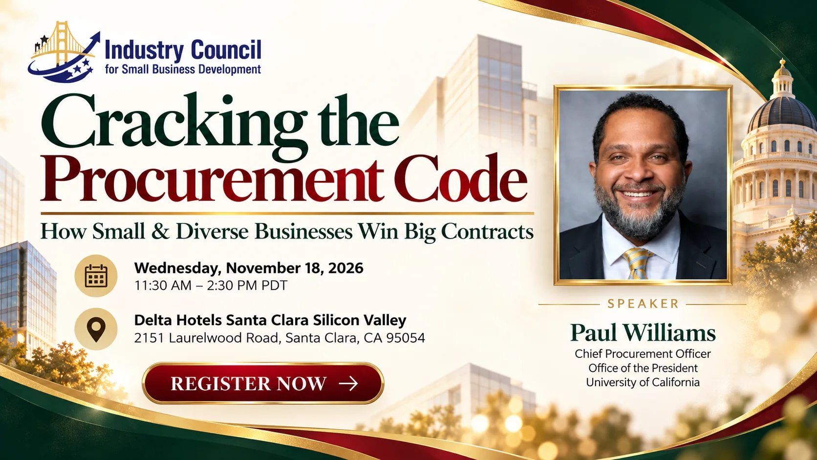 Cracking the Procurement Code event banner featuring speaker Paul Williams, event details for November 18, 2026, at Delta Hotels Santa Clara Silicon Valley, and a registration call to action.